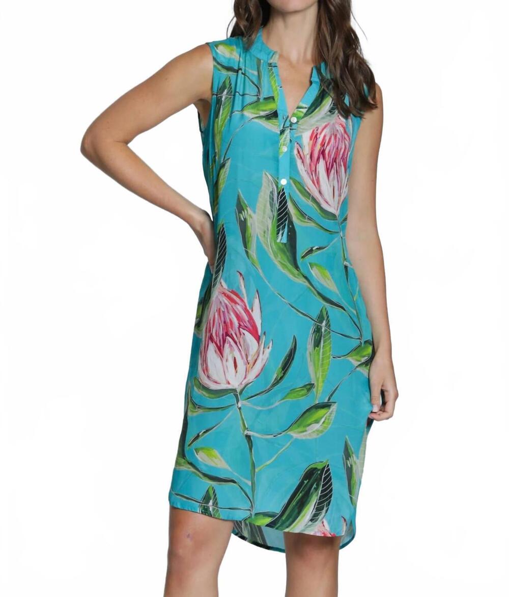NEW APNY women's sleeveless half button dress in floral on turquoise